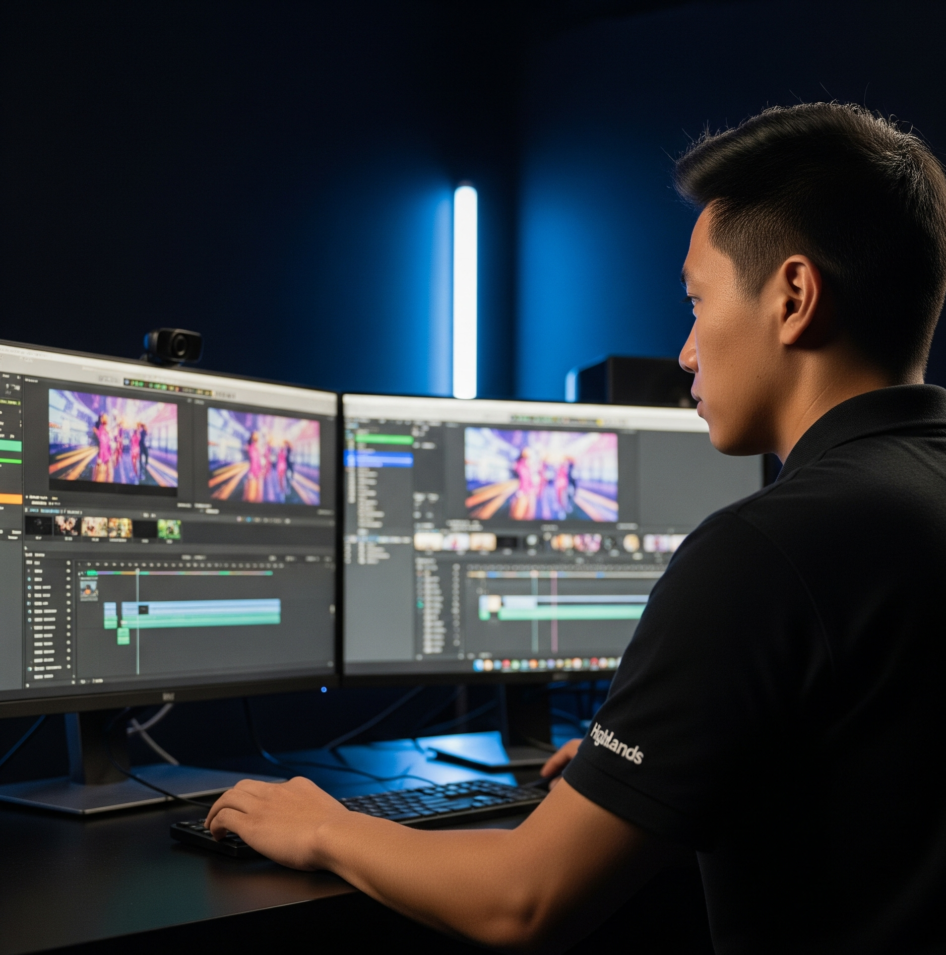 Equipo de Highlands Studio en una sesión de trabajo colaborativa, discutiendo un proyecto con un enfoque moderno y profesional.